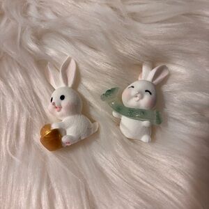 Adorable White Bunny Figurines with Gold and Green Accents Chinese New Year